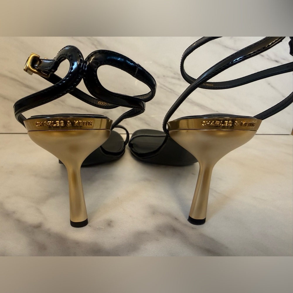 Charles & Keith Black Ankle Strap Heels with Gold Heel Minimalist Chic Size 39 - Picture 3 of 13